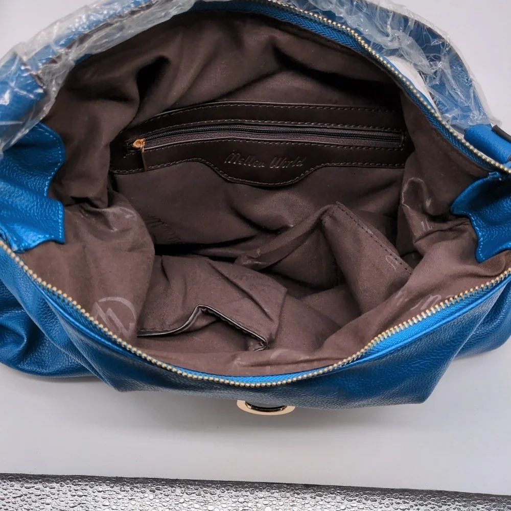 Mellow World Purse Womens Blue L Tote Handbag Zip Close Clasp Single Strap‎ NEW